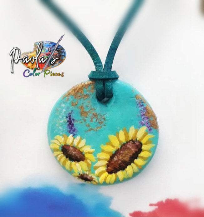 Turquoise circle sunflower handpainted necklace 