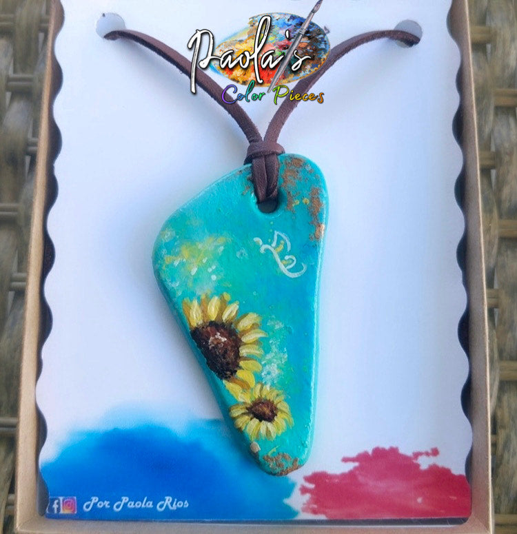 Turquoise triangle sunflower handpainted necklace 