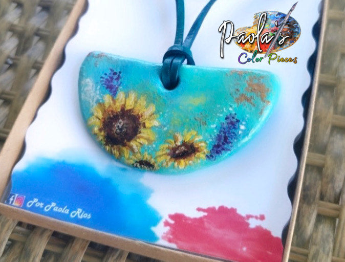 Turquoise semicircle sunflower handpainted necklace 