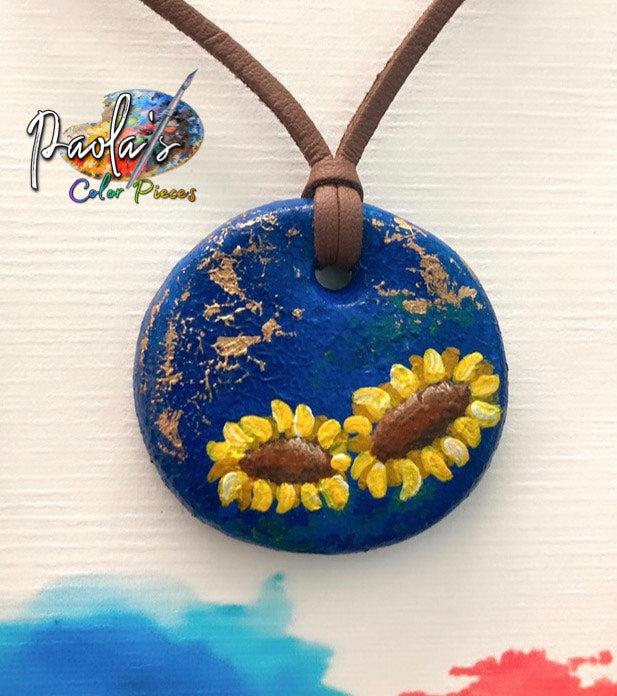Navy blue circle sunflower handpainted necklace 