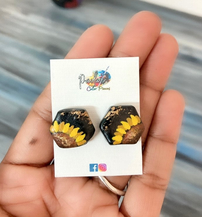 Black hexagon sunflower handpainted earrings 