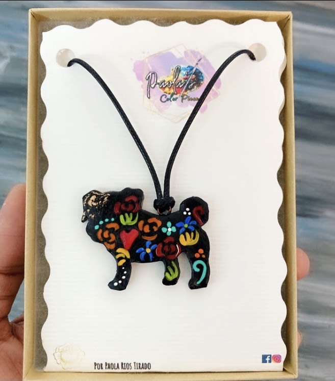 Dog Pug handpainted necklace 