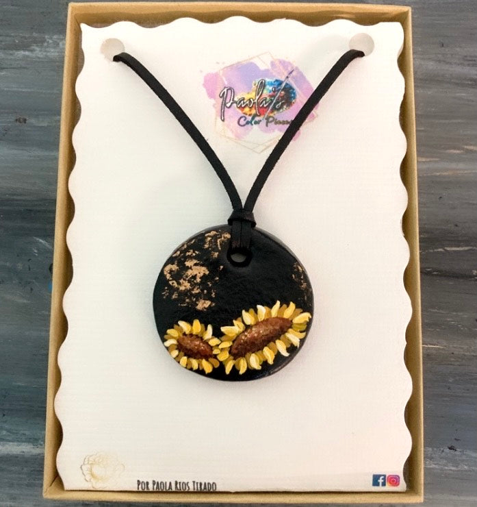 Black circle sunflower handpainted necklace  