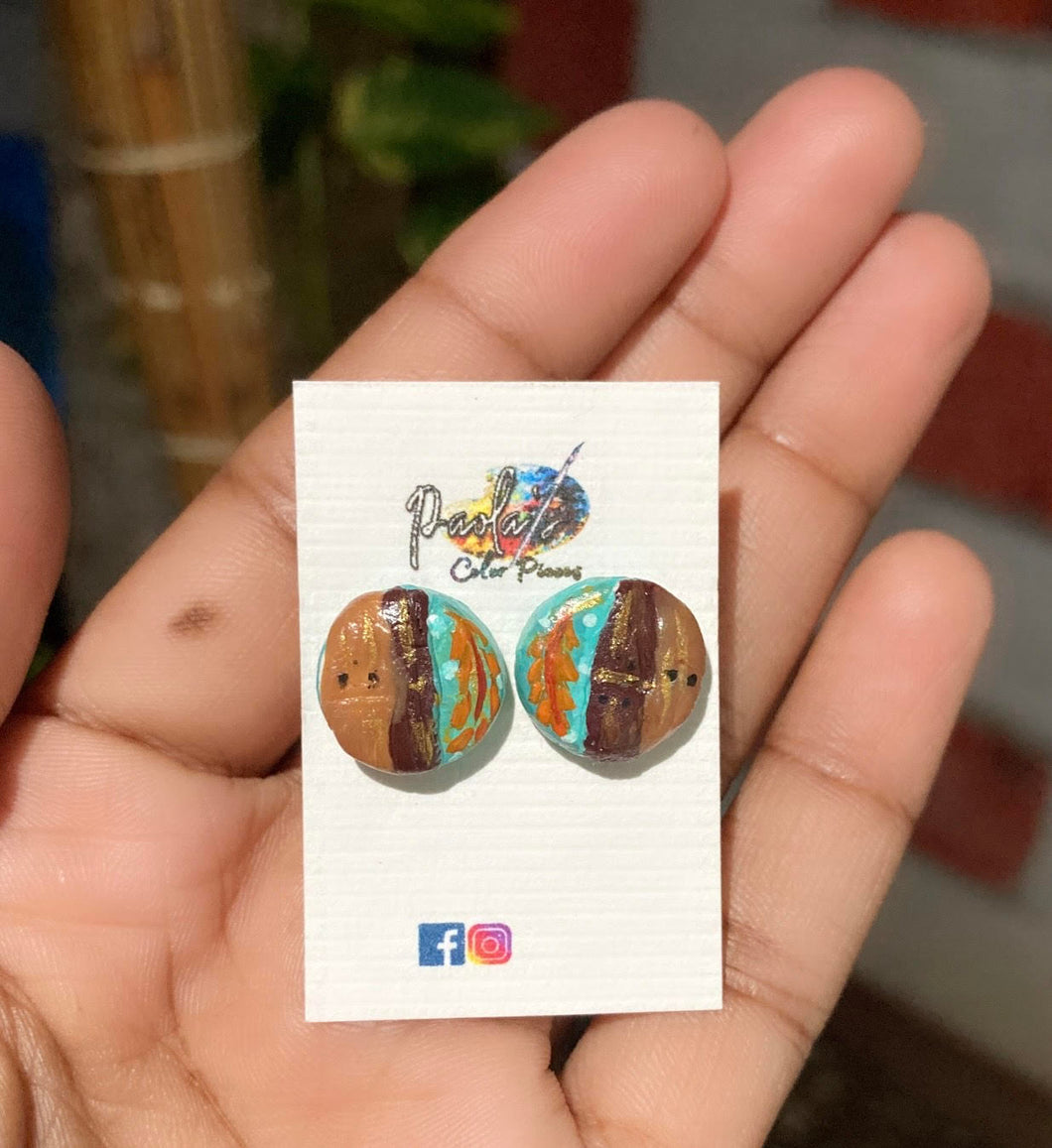 Wood leaf earrings studs
