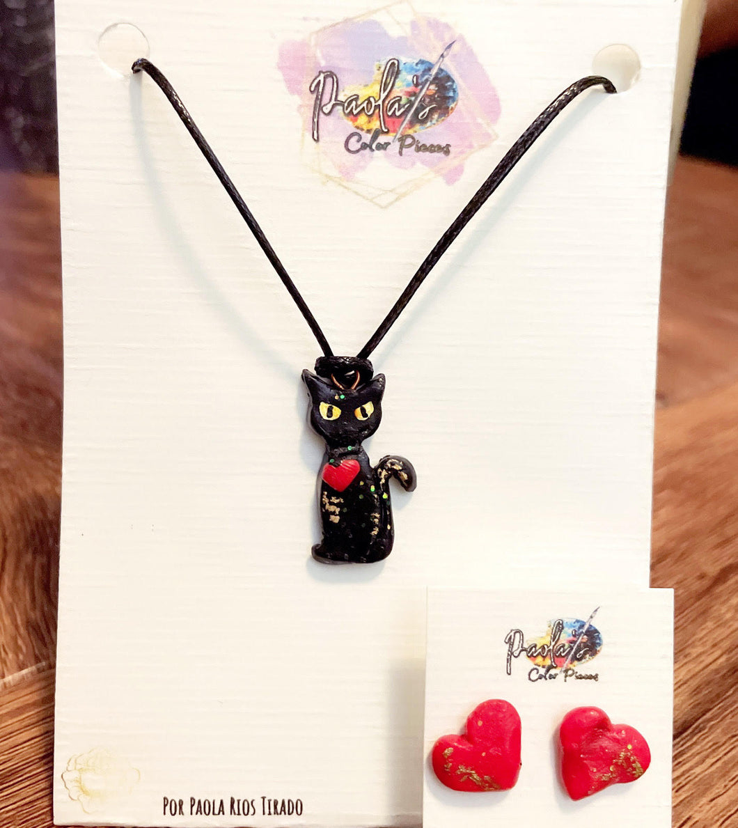 Black cat necklace and heart earring studs set.