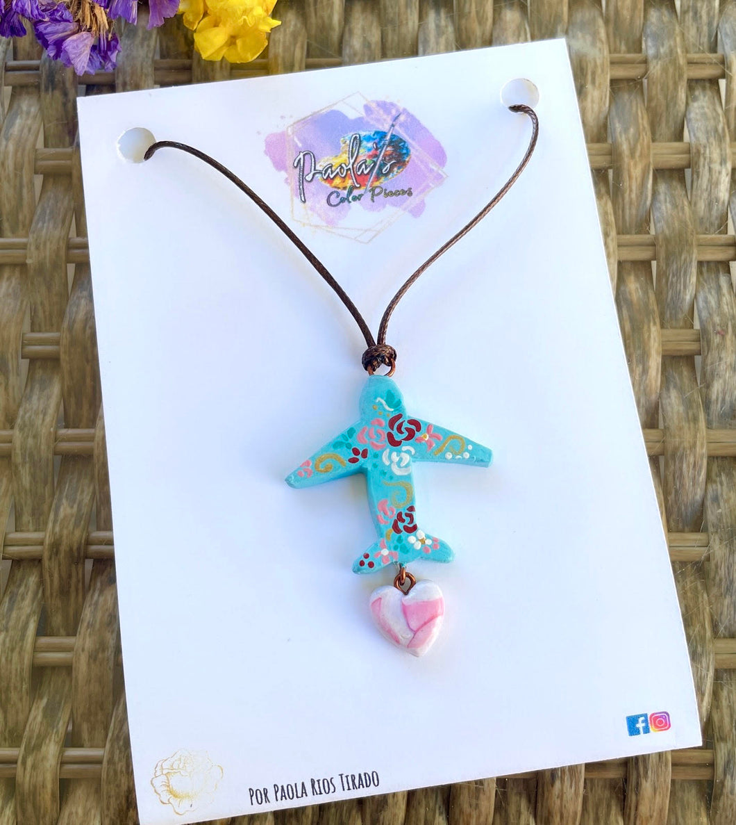Blue floral airplane necklace