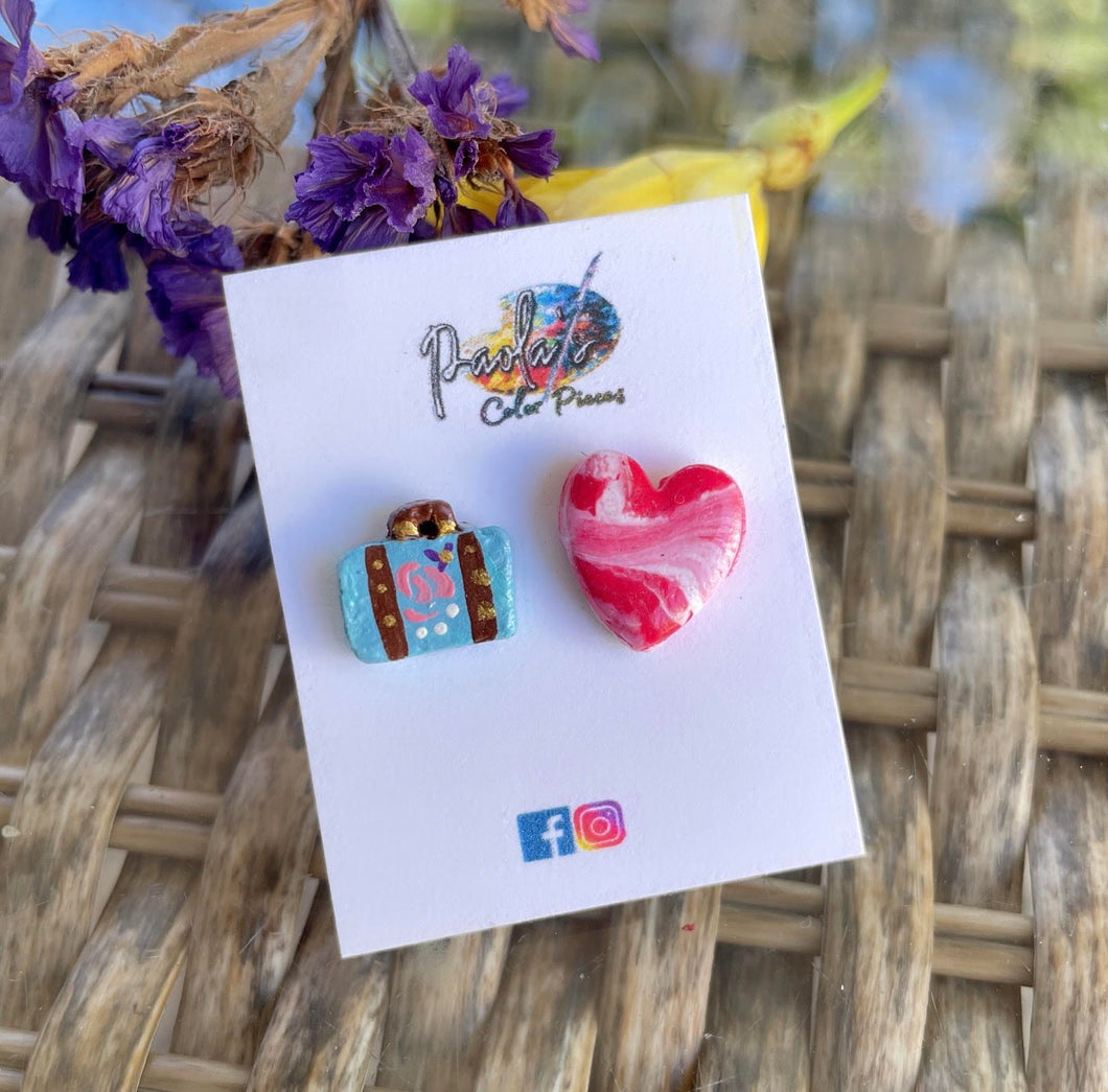Suitcase and heart earrings studs