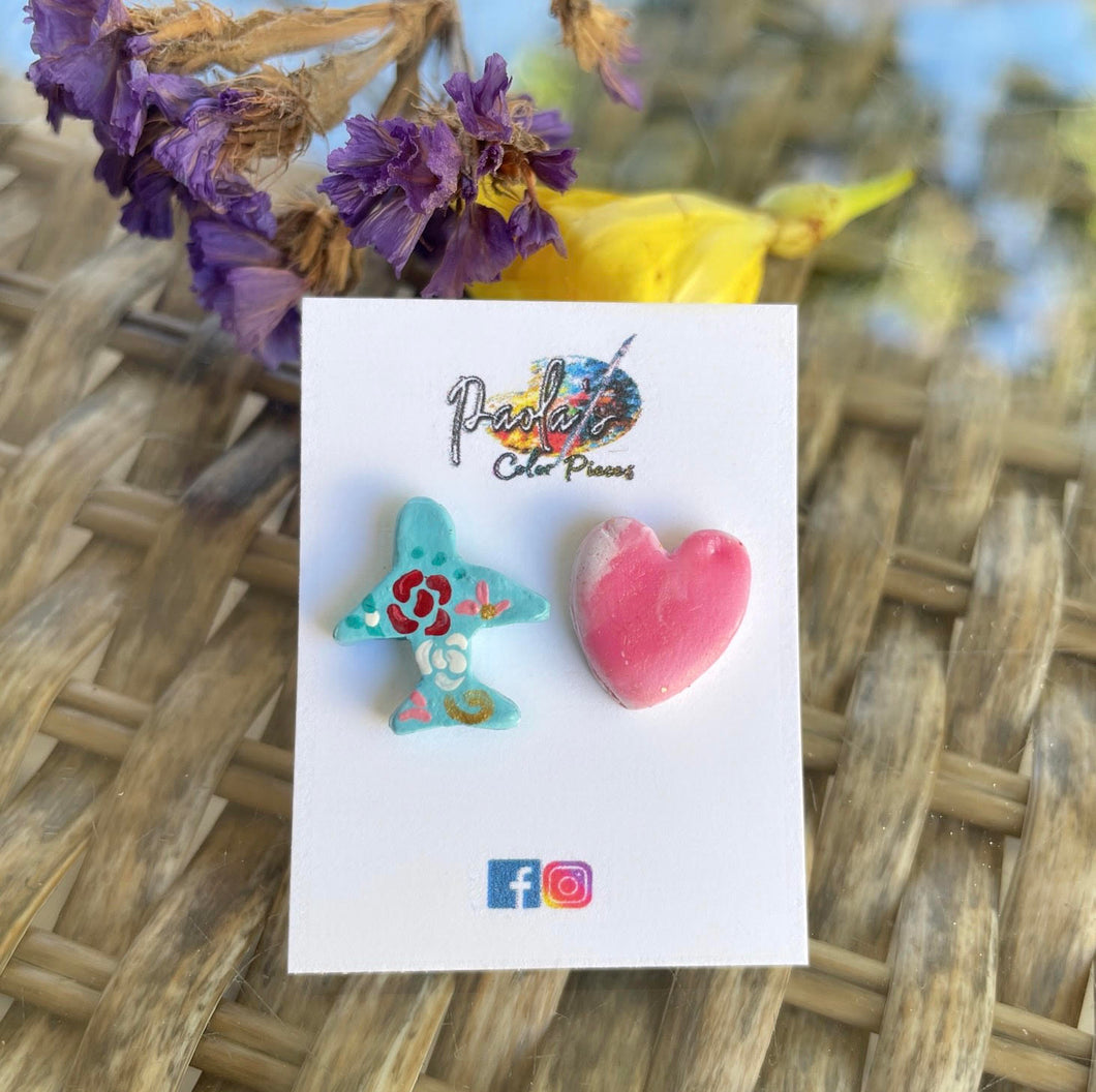 Airplane and heart earrings studs