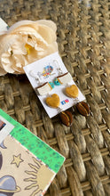 Load image into Gallery viewer, Coffee cup, golden heart and beans dangle earrings.
