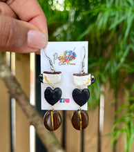 Load image into Gallery viewer, Coffee cup, golden heart and beans dangle earrings.
