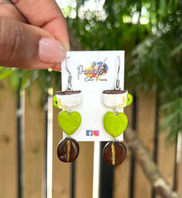 Load image into Gallery viewer, Coffee cup, golden heart and beans dangle earrings.
