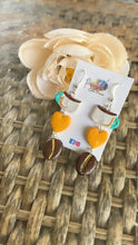 Load image into Gallery viewer, Coffee cup, golden heart and beans dangle earrings.
