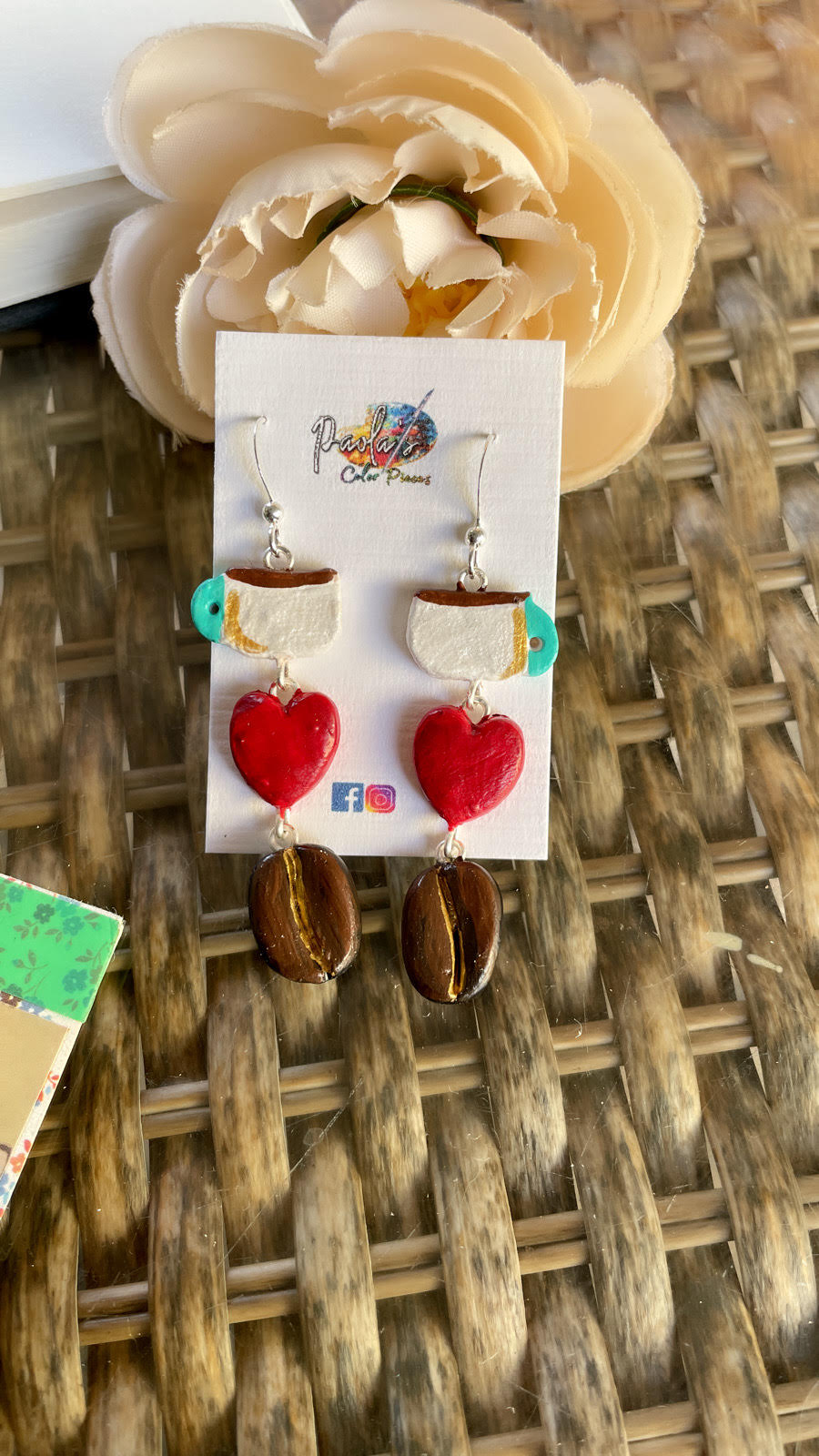 Coffee cup, golden heart and beans dangle earrings.