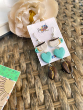 Load image into Gallery viewer, Coffee cup, golden heart and beans dangle earrings.

