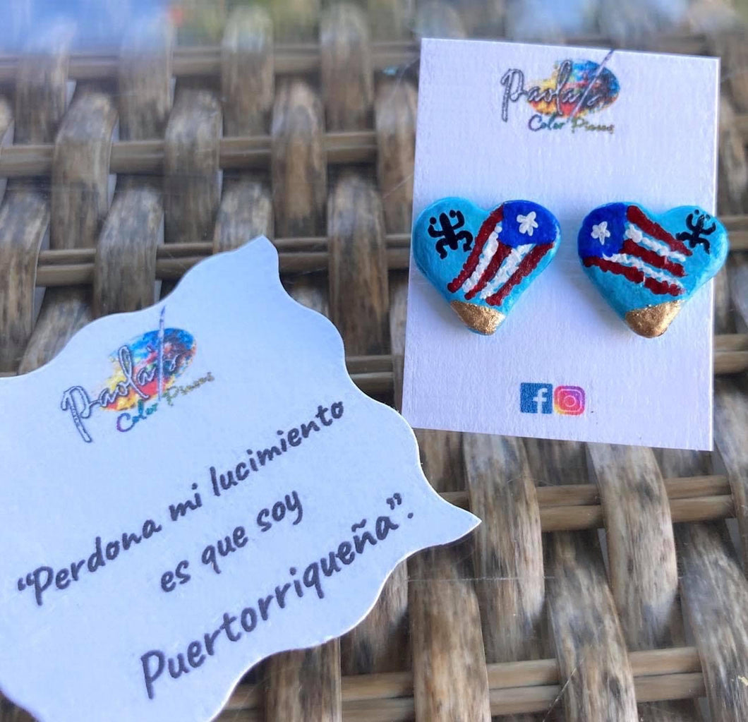 Puerto Rico blue heart handpainted earring studs 