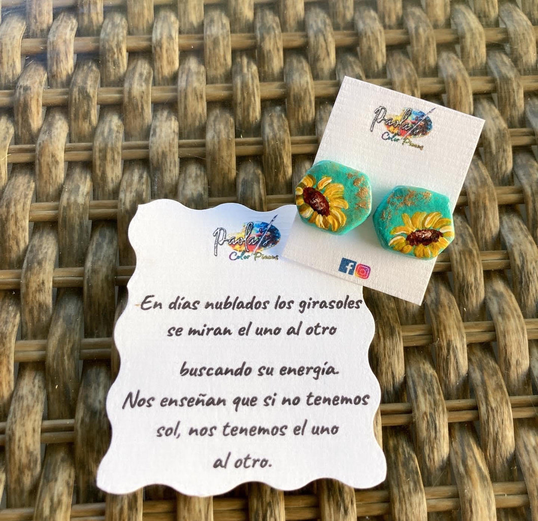 Turquoise hexagon sunflower handpainted earrings 