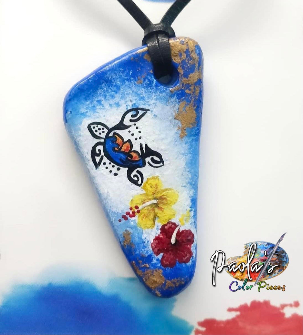 Turtle and flowers handpainted  triangle necklace.