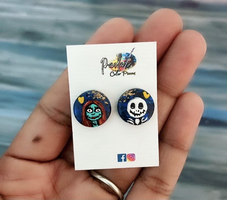 Jack Skellington and Sally handpainted stud earrings.