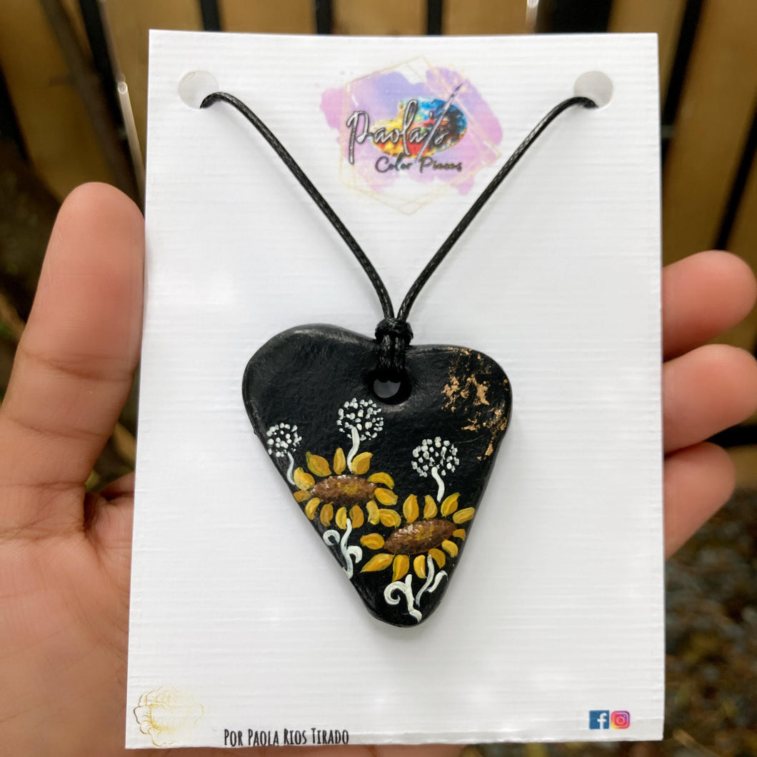Black heart sunflower handpainted necklace 
