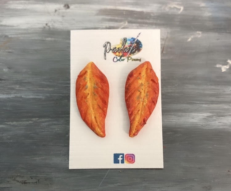 Orange and yellow handpainted leaf earrings.