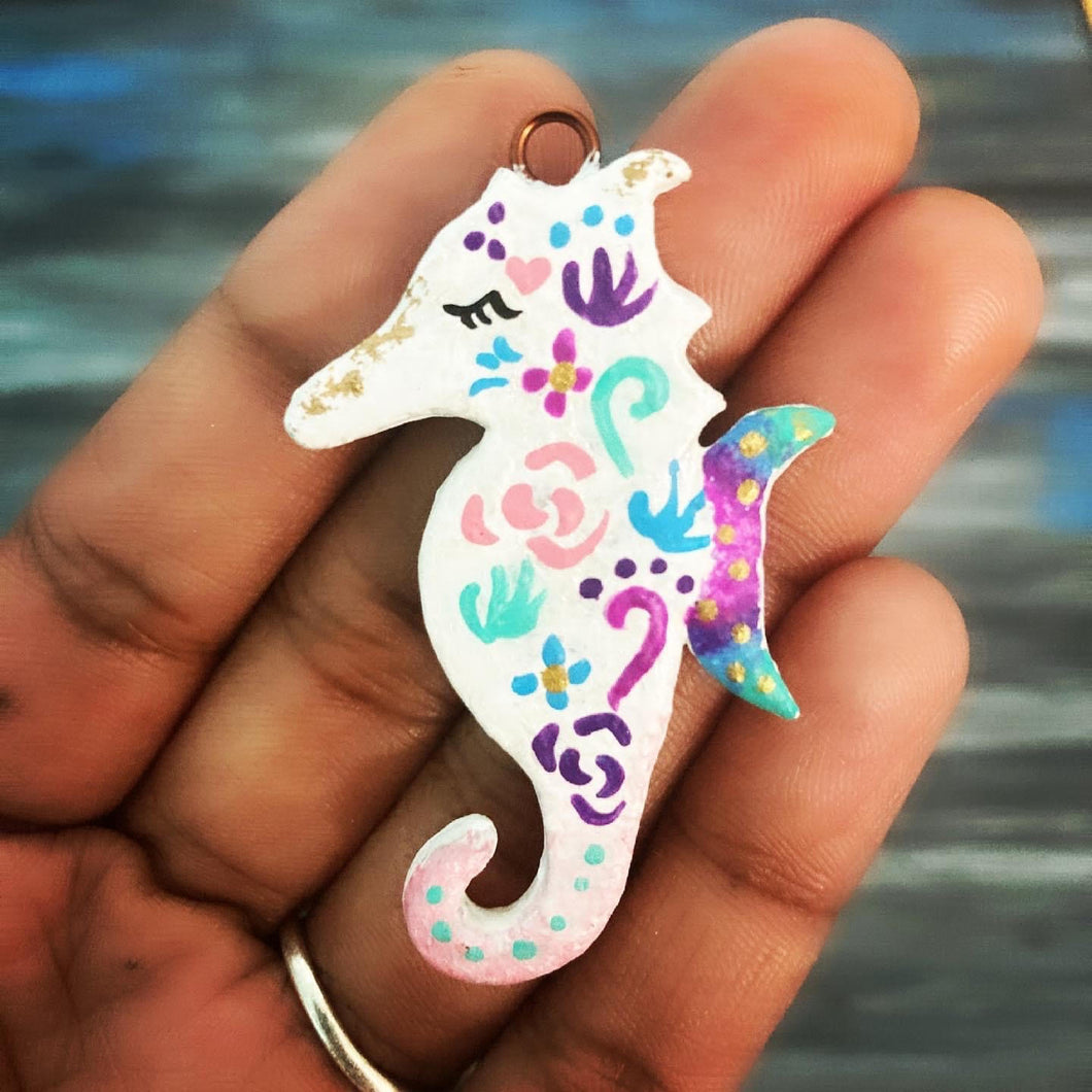 Seahorse flower handpainted necklace
